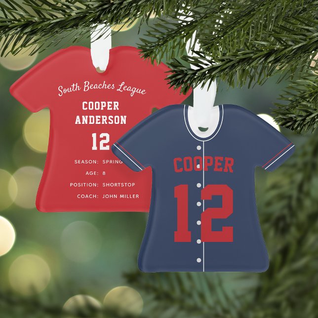 Navy Blue & Red Baseball Jersey Player Stats Ornament (Creator Uploaded)