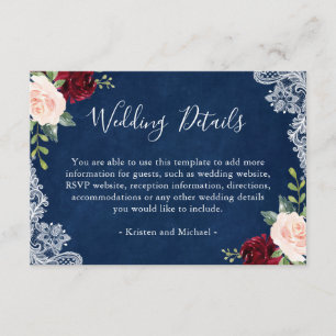Navy Blue Red Blush Floral Lace Wedding Details Enclosure Card