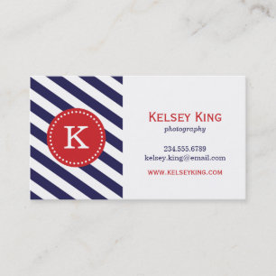 Navy Blue & Red Chevron Stripes Monogram Business Card