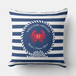 Navy Blue  Red Crab Nautical Stripes Boat Name Out Outdoor Pillow