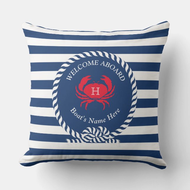Navy Blue  Red Crab Nautical Stripes Boat Name Out Outdoor Pillow (Front)