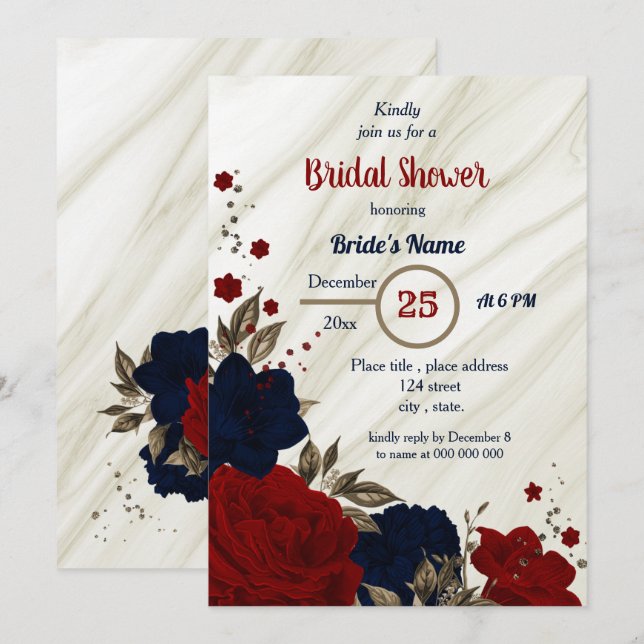 navy blue & red floral bridal shower invitation (Front/Back)