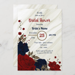 navy blue & red floral bridal shower invitation