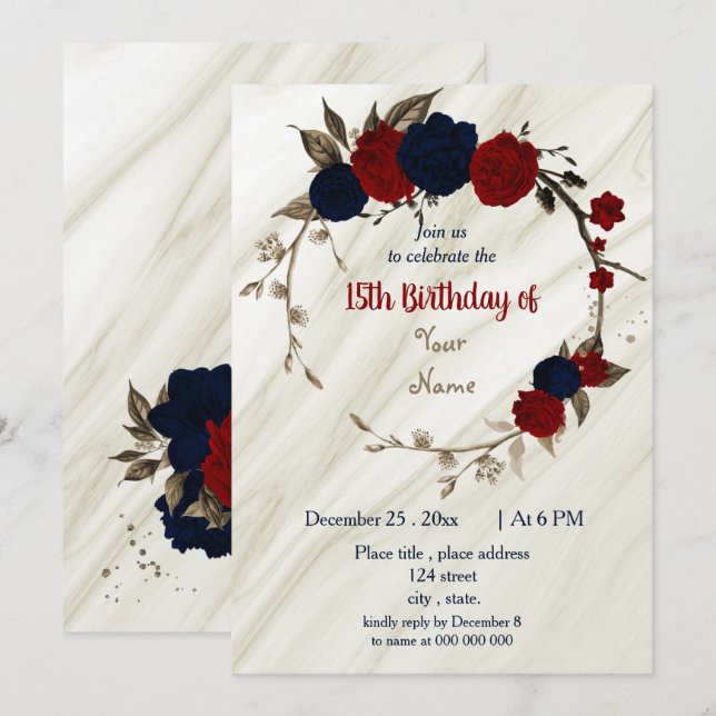navy blue & red floral wreath birthday party invitation (Front/Back)