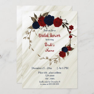 navy blue & red floral wreath bridal shower invitation