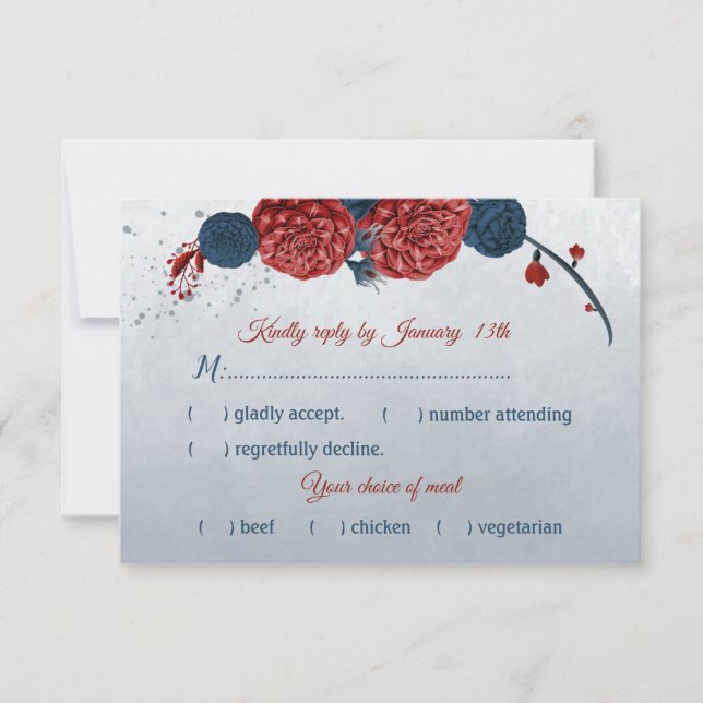 navy blue & red flowers meal choice RSVP card (Front)