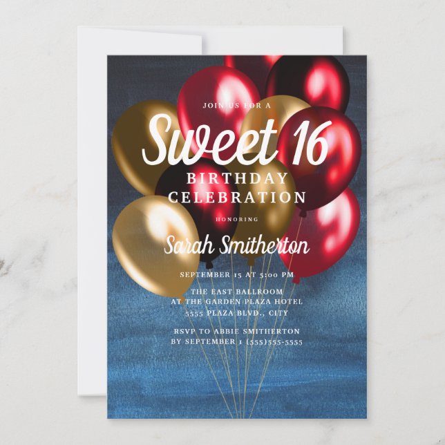 Navy Blue Red Gold Balloons Sweet 16 Invitation (Front)