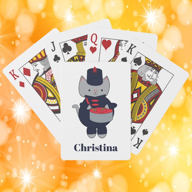 Navy Blue Red Marching Band Drum Cat Personalize Playing Cards (A deck of playing cards with a cat playing the snare drum in a navy blue & red marching band uniform)