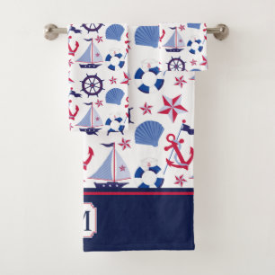 Navy Blue Red Nautical Pattern Monogram Bath Towel Set