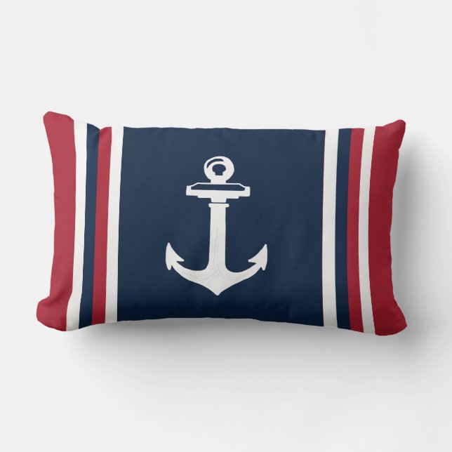 Navy Blue Red Nautical Throw Pillow Anchor (Front)