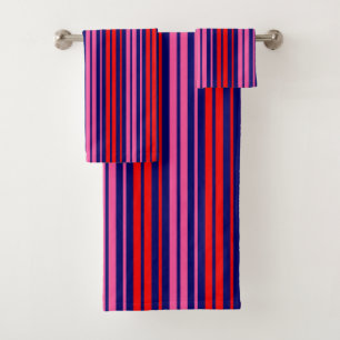 Navy Blue Red Pink Vertical Stripes Design Bath Towel Set