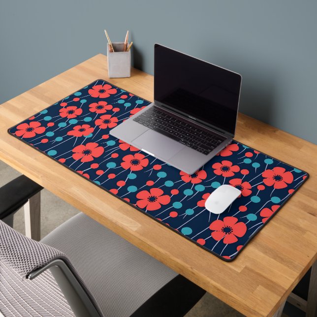 Navy Blue Red Poppy Floral Print Pattern Desk Mat (Office 2)