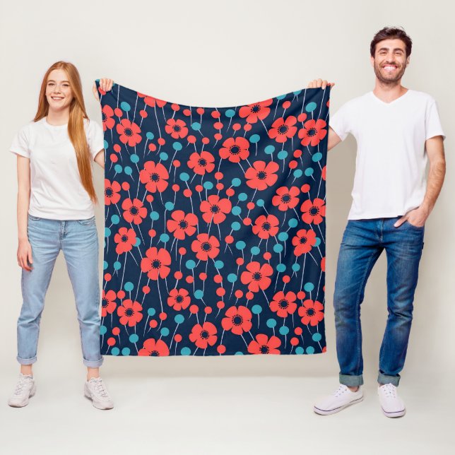 Navy Blue Red Poppy Floral Print Pattern Fleece Blanket (In Situ)