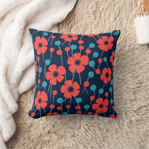 Navy Blue Red Poppy Seamless Floral Print  Throw Pillow
