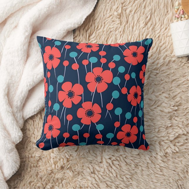 Navy Blue Red Poppy Seamless Floral Print  Throw Pillow (Blanket)