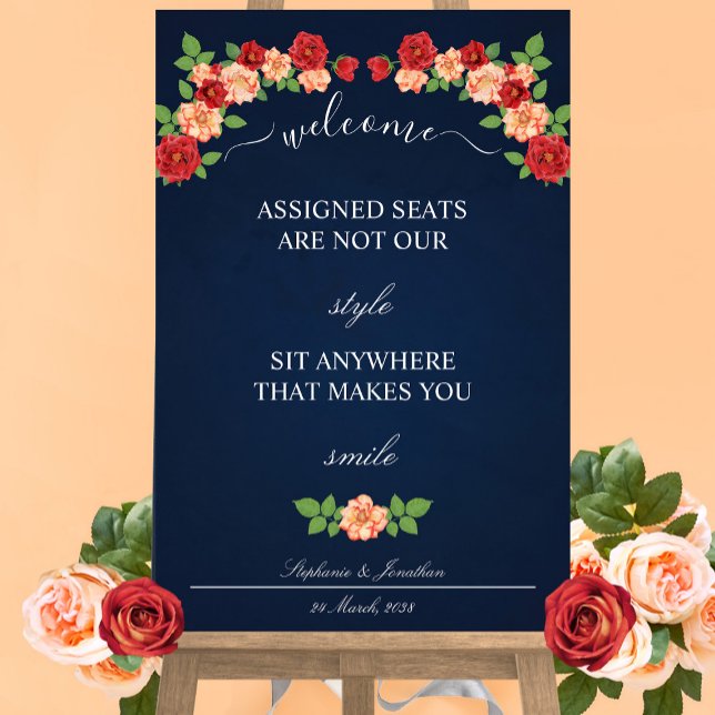 Navy Blue Red Rose Sit Anywhere Wedding Seating Poster (Navy Blue Red Rose Sit Anywhere Wedding Seating Poster)