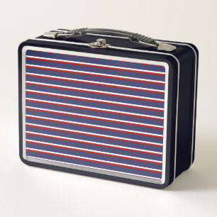 Navy Blue Red Stripe Pattern Metal Lunch Box