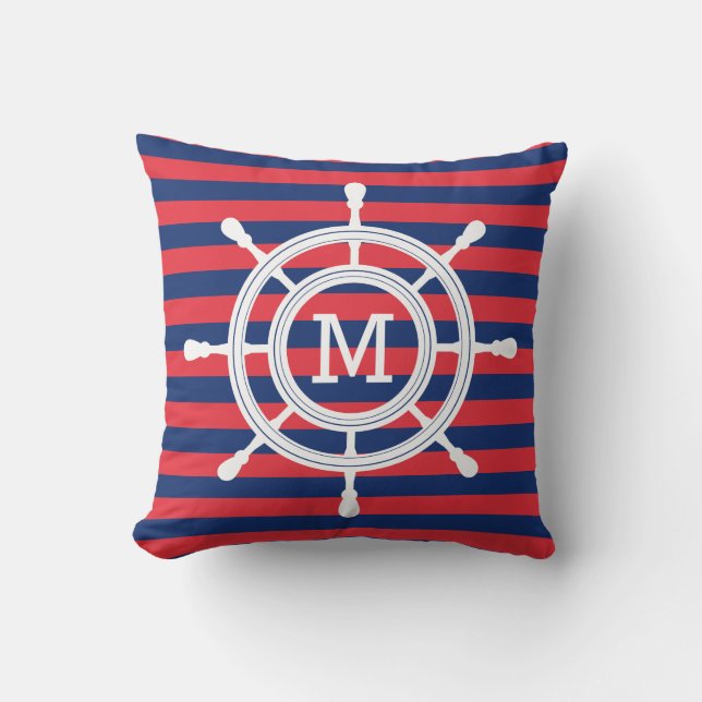 Navy Blue & Red Stripes Rudder Monogram Throw Pillow (Front)