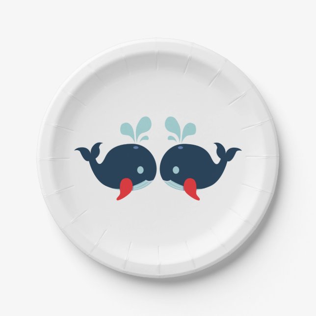 Navy Blue Red Whales Nautical Wedding / Party Paper Plate (Front)