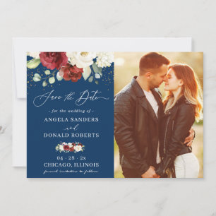 Navy Blue Red White Rose Floral Wedding Photo Save The Date