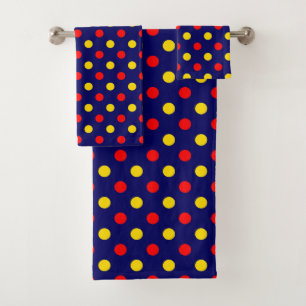 Navy Blue Red Yellow Polka Dots Design Bath Towel Set