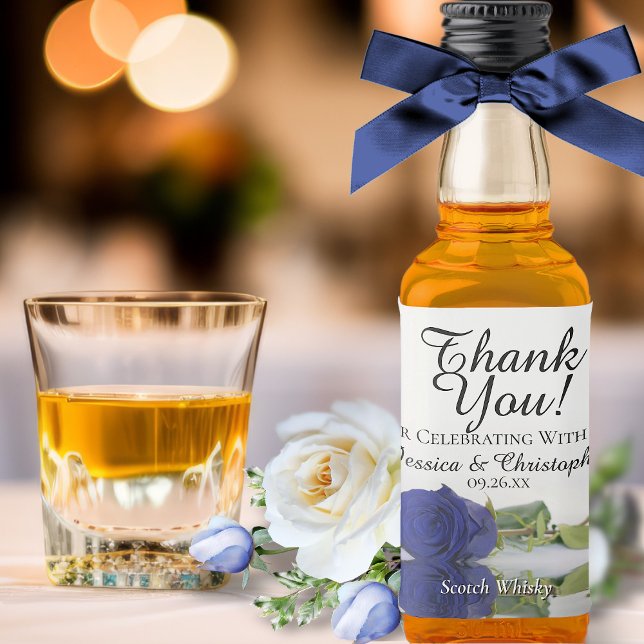 Navy Blue Reflecting Rose Wedding Thank You Mini Liquor Bottle Label (In Situ with Flowers & Bow)
