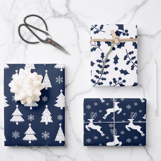 Navy Blue Reindeer, Christmas Tree & Holly Pattern Wrapping Paper Sheet (Front)
