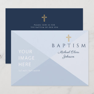 Navy Blue Religious Cross Boy Baptism Custom Image Invitation