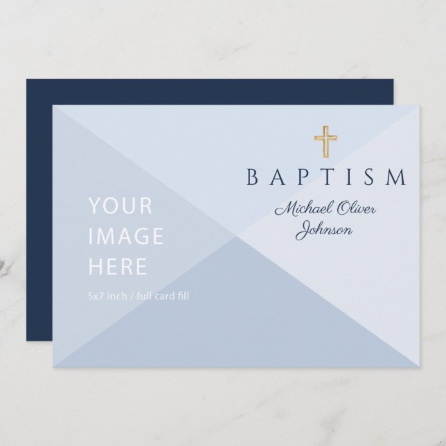 Navy Blue Religious Cross Boy Baptism Custom Image Invitation (Front/Back)