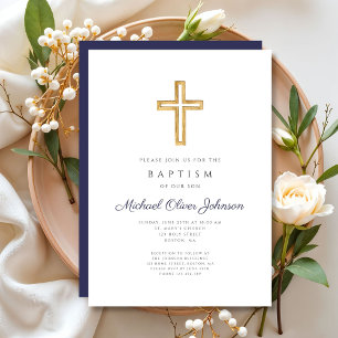 Navy Blue Religious Cross Boy Baptism Invitation