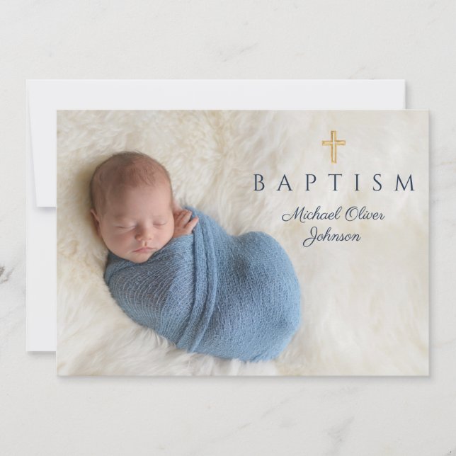 Navy Blue Religious Cross Boy Baptism Photo Invitation (Front)