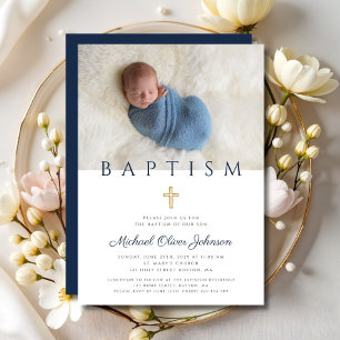 Navy Blue Religious Cross Boy Baptism Photo Invitation