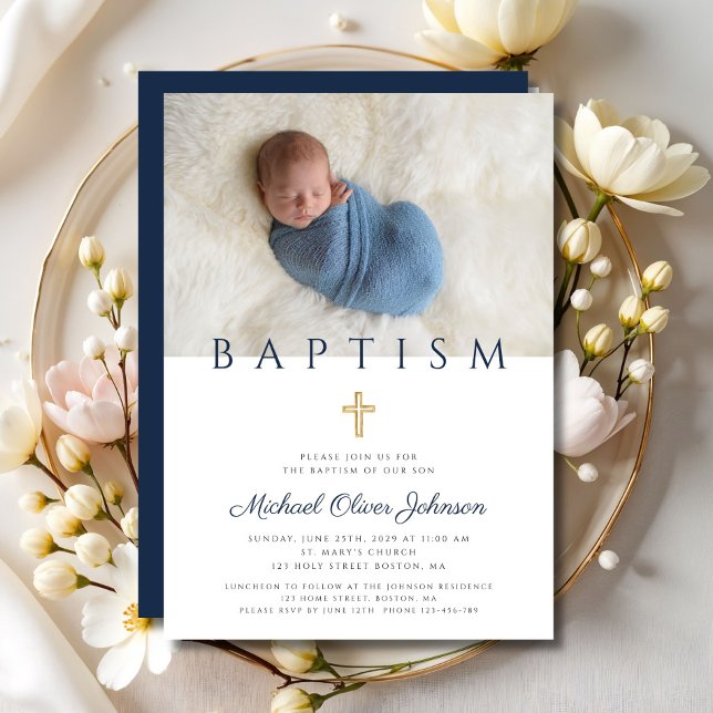 Navy Blue Religious Cross Boy Baptism Photo Invitation (Navy Blue Religious Cross Boy Baptism Photo Invitation)