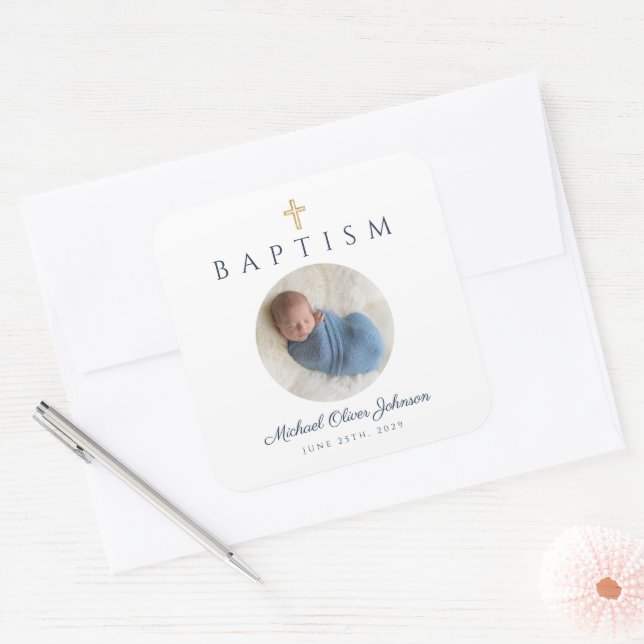 Navy Blue Religious Cross Boy Baptism Photo Square Sticker (Envelope)
