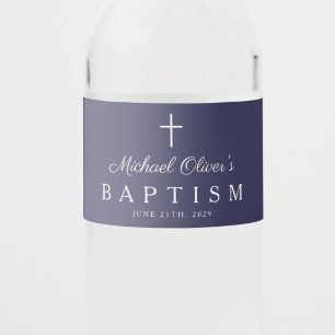 Navy Blue Religious Cross Boy Baptism Water Bottle Label