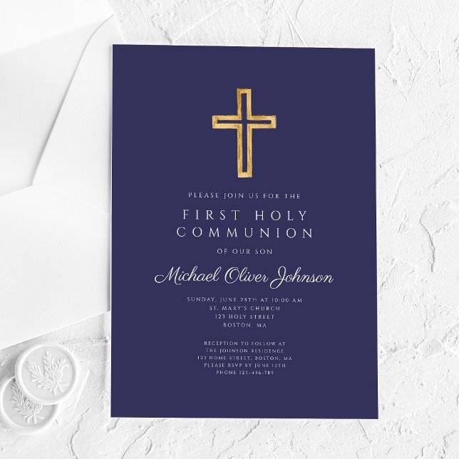 Navy Blue Religious Cross Boy First Communion Acrylic Invitations (Navy Blue Religious Cross Boy First Communion Acrylic Invitations)
