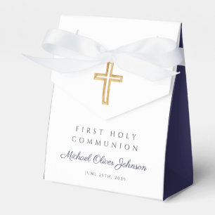 Navy Blue Religious Cross Boy First Communion Favor Box