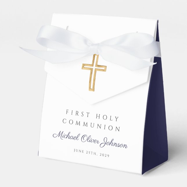 Navy Blue Religious Cross Boy First Communion Favor Box (Front Side)