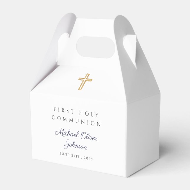 Navy Blue Religious Cross Boy First Communion  Favor Box (Front Side)