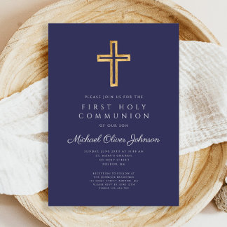 Navy Blue Religious Cross Boy First Communion Invitation