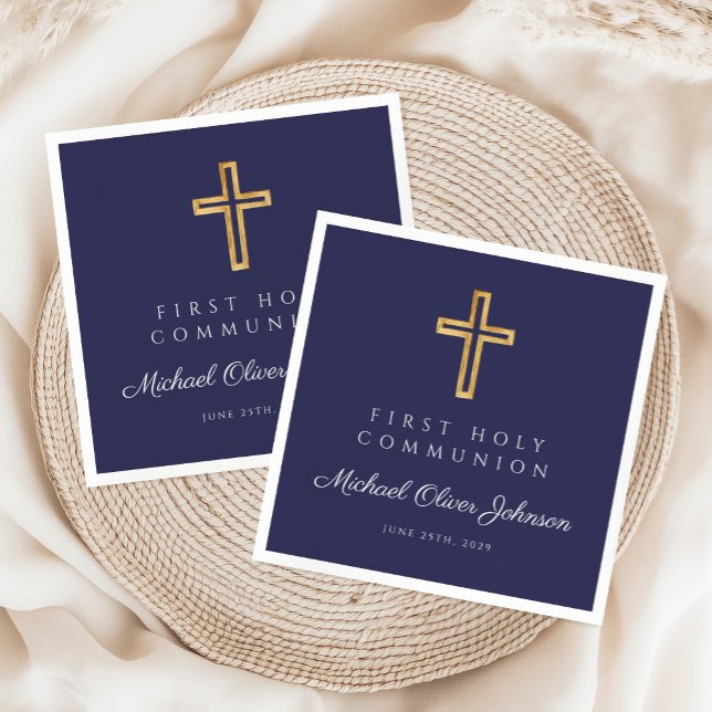 Navy Blue Religious Cross Boy First Communion Napkin (Navy Blue Religious Cross Boy First Communion Napkins)