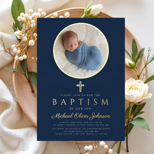 Navy Blue Religious Cross Boy Photo Baptism Gold