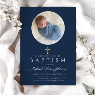 Navy Blue Religious Cross Boy Photo Baptism Invitation