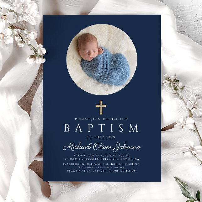 Navy Blue Religious Cross Boy Photo Baptism Invitation (Navy Blue Religious Cross Boy Photo Baptism Invitation)
