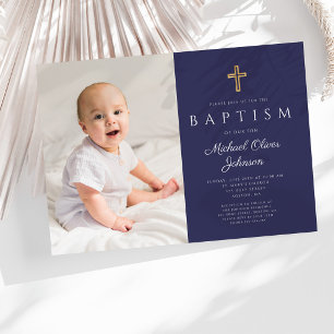 Navy Blue Religious Cross Boy Photo Baptism Invitation