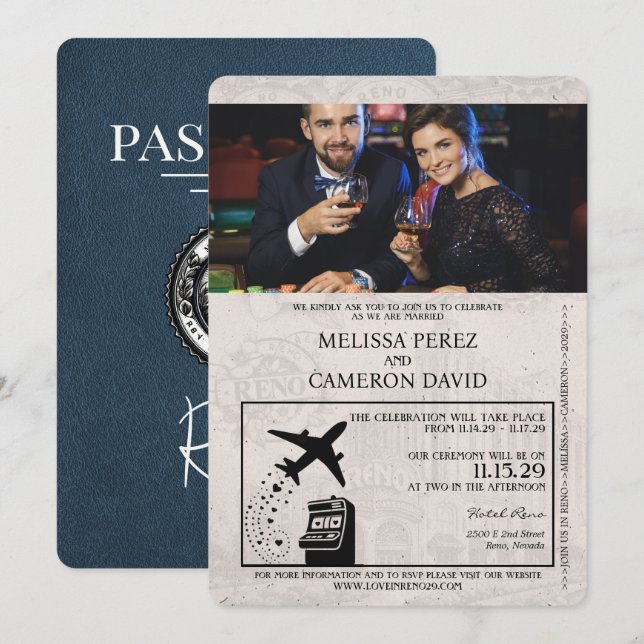 Navy Blue Reno Passport Wedding Invitation (Front/Back)