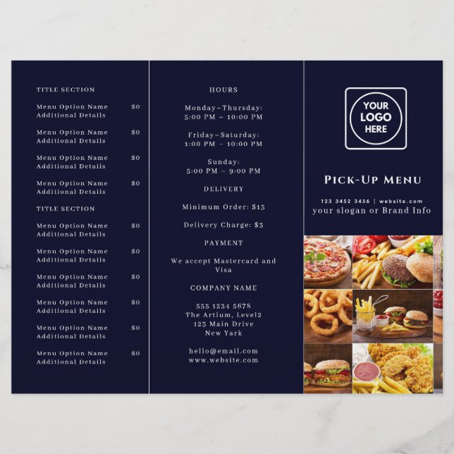 Navy Blue Restaurant Design | Custom Takeout Brand (Front)