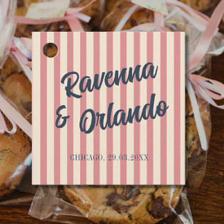 Navy Blue Retro Blush Pink Stripes Wedding Favour Tags