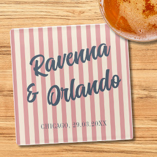 Navy Blue Retro Blush Pink Stripes Wedding Glass Coaster