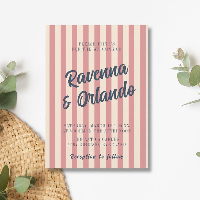 Navy Blue Retro Blush Pink Stripes Wedding Invitation (Creator Uploaded)